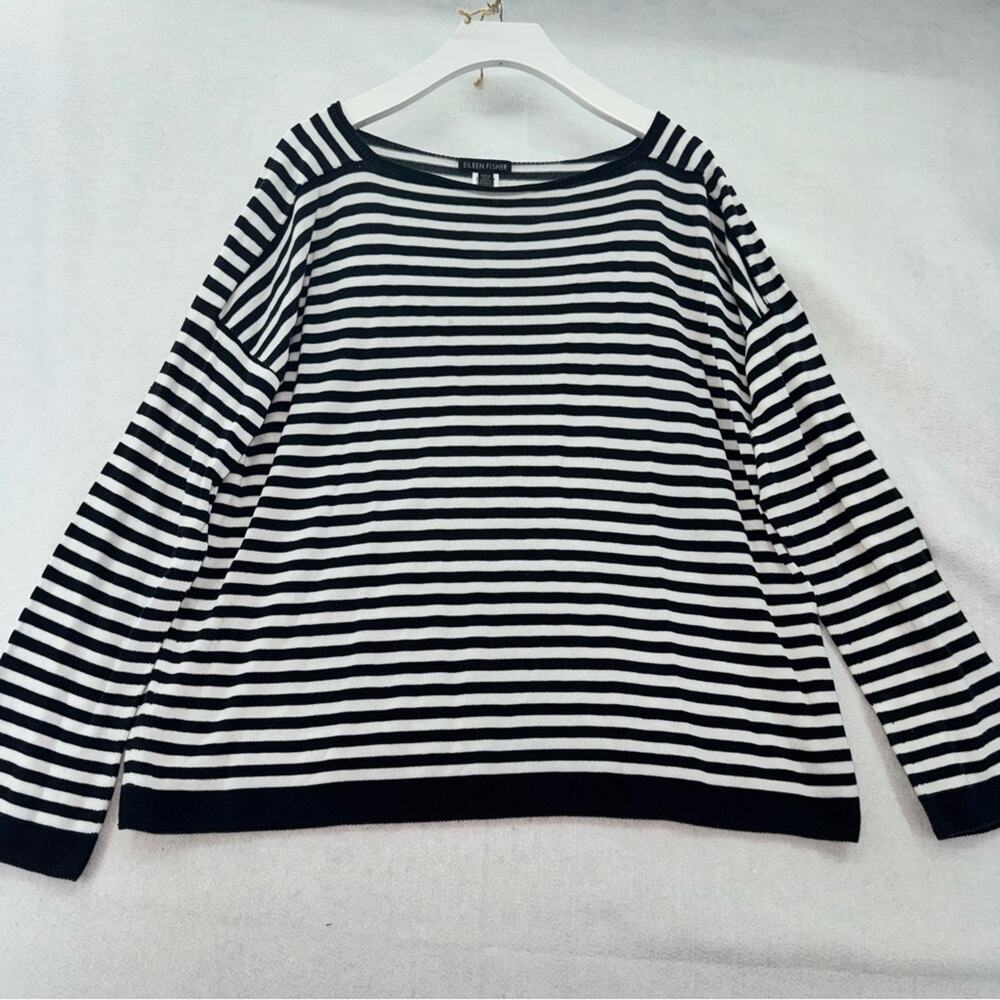 Eileen Fisher Black Soft White Striped Tencel Bateau Boat Neck Box Top Large